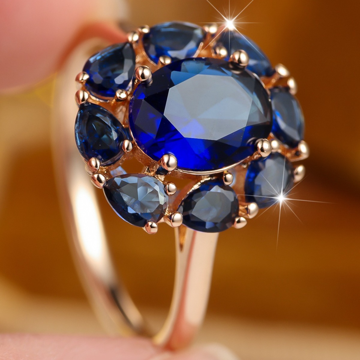 Women's Golden Tone Blue Synthetic Zirconia Statement Ring